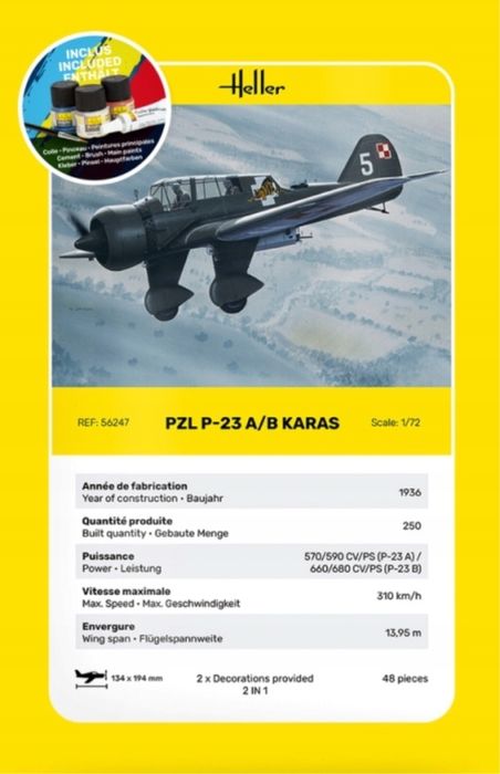 Heller 56247 Starter Set samolot PZL P23 Karaś model do sklejania 1:72