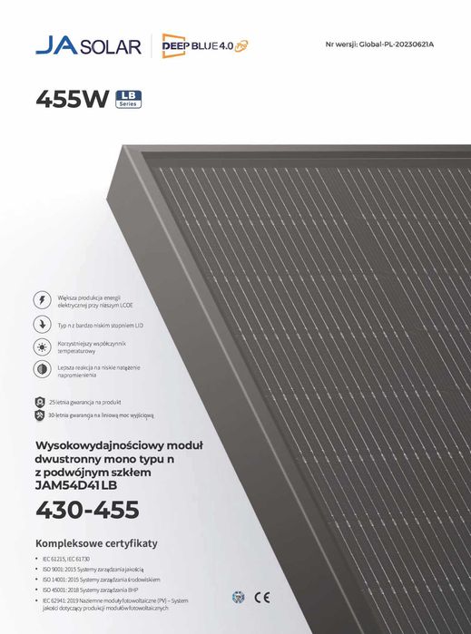 Panel fotowoltaiczny JA SOLAR 450W  fb bifacjalny Full Black