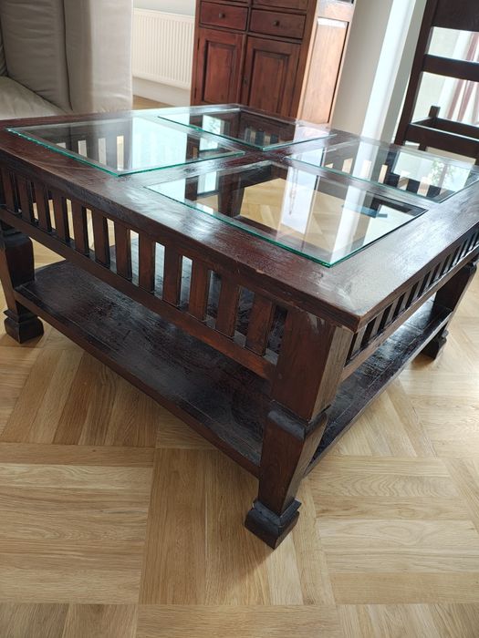 Stolik  drewniany szklany kawowy mebel kolonialny brązowy stoliczek