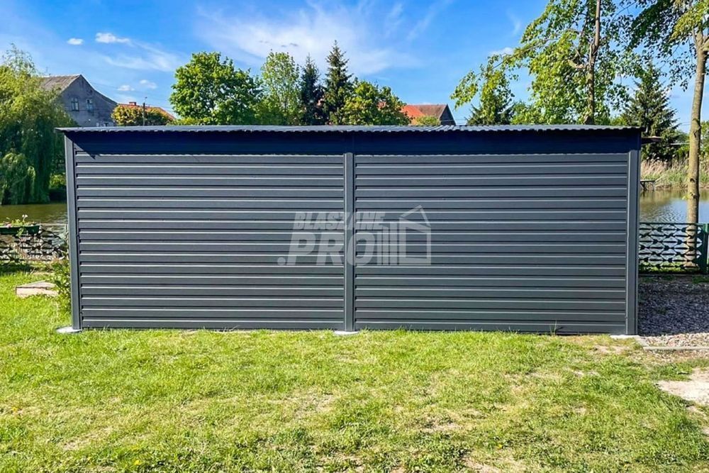 Garaż Blaszany 4x6m Brama Uchylna Antracyt   Spad w lewo GP406