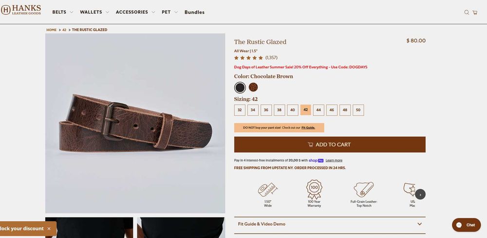 Ремінь чоловічий Hanks Belts "The Rustic" — шкіра Full Grain, США, розмір 42