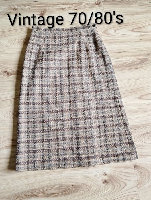 Brązowa Wełniana Tweedowa Spódnica Midi W Kratę Pitlochry Of Scotland Knitwear Vintage 70/80's