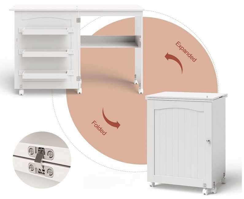 Mesa de costura ou secretária branca extensível com arrumação e rodas