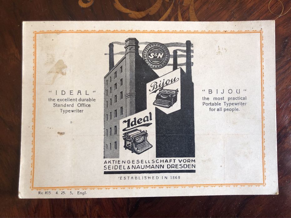 Postal publicitário das Maquinas escrever Ideal e Bijou