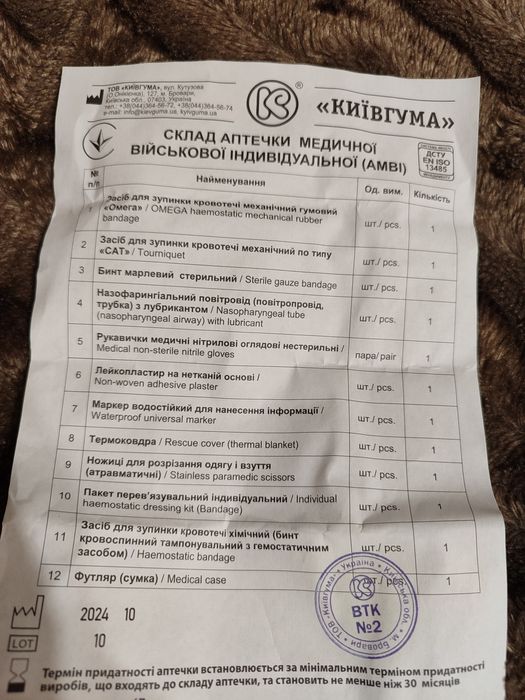 АМЗІ IFAK аптека медична загальновійськова індивідуальна