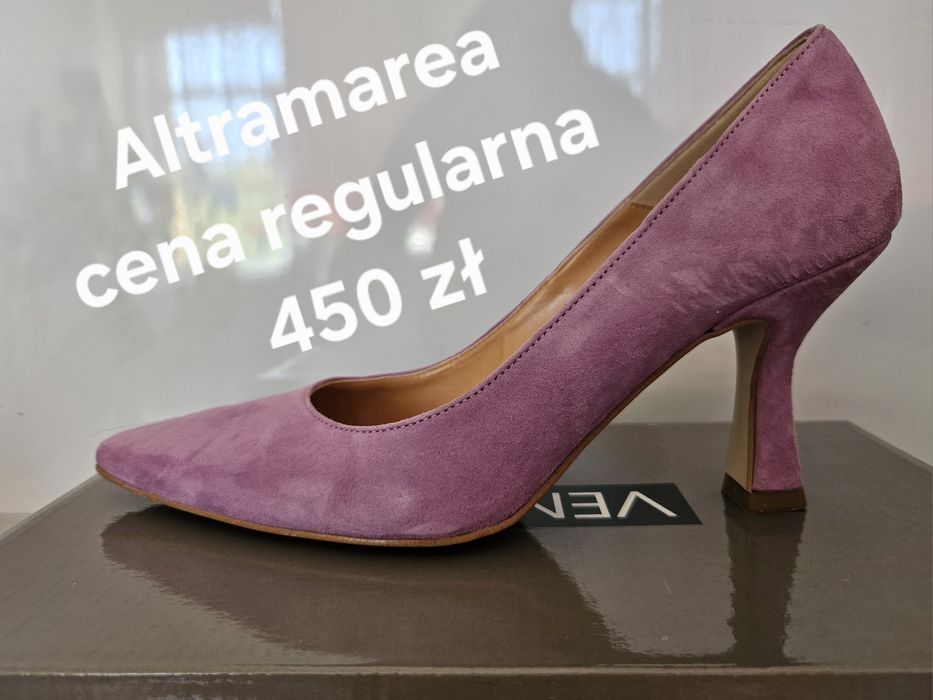 Liliowe fioletowe lawendowe czółenka buty Altramarea skórzane