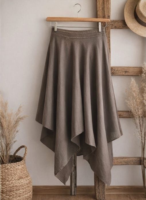 Artystyczna asymetryczna spódnica midi z lnu 100% | handmade | boho