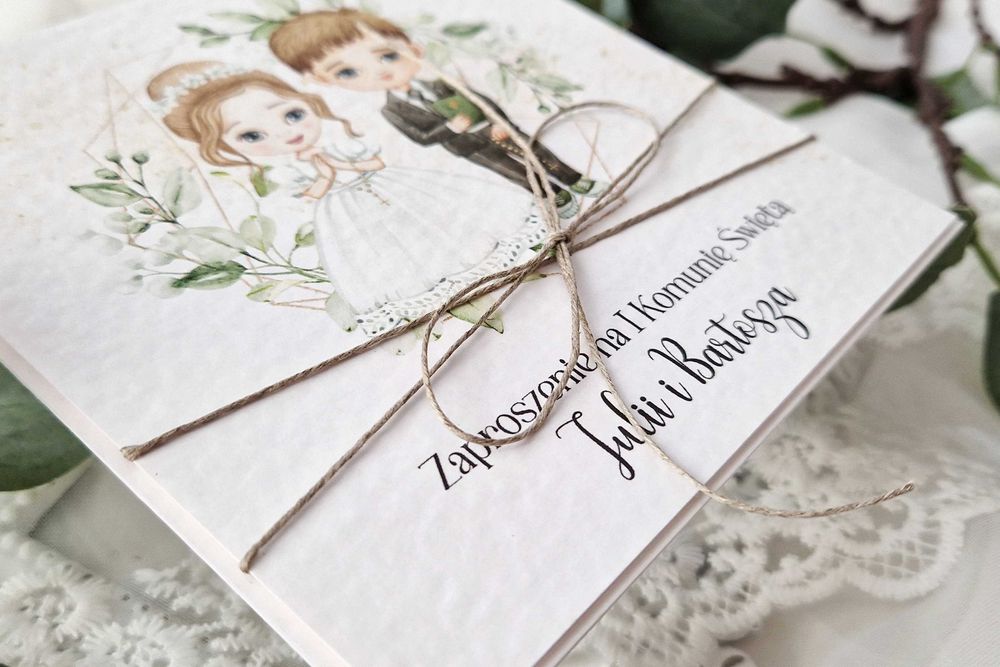 zaproszenia handmade personalizowane na I Komunię św. dla bliźniąt