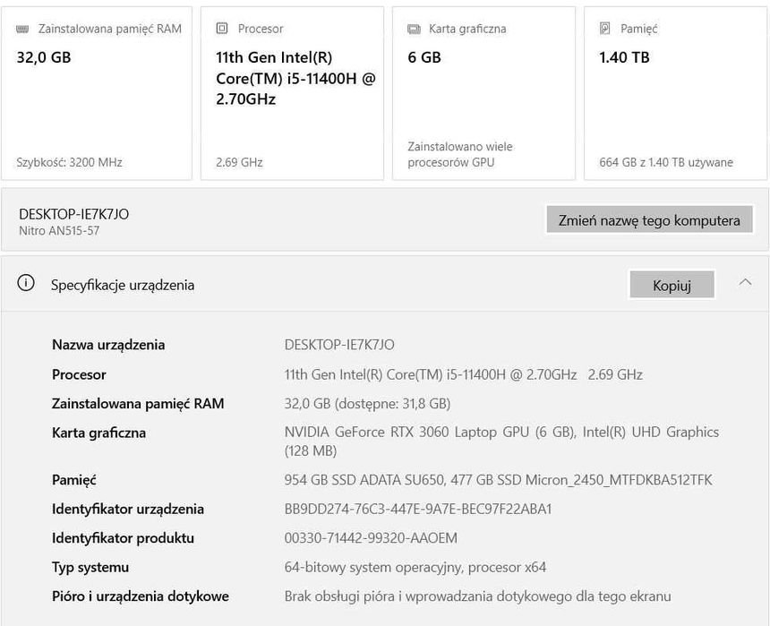 Acer Nitro 5 - RTX3060, RAM 32Gb, SSD 1,5Tb, i5-11400H