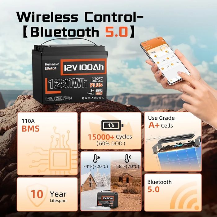 Аккумулятор LiFePO4 12 В 100 А·ч BT с BMS 110A, для кемперов, ИБП и ло
