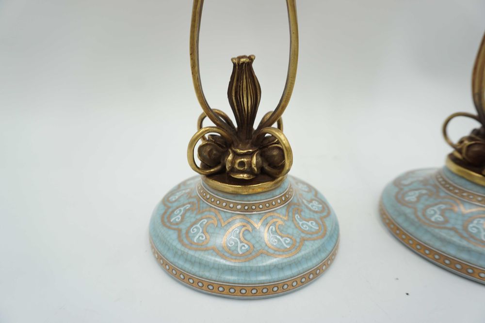 PARA świeczników bękitne porcelana z brązem