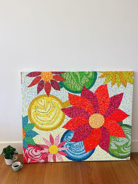 Artwork Painting coffee latte art flowers abstract acrylic canvas