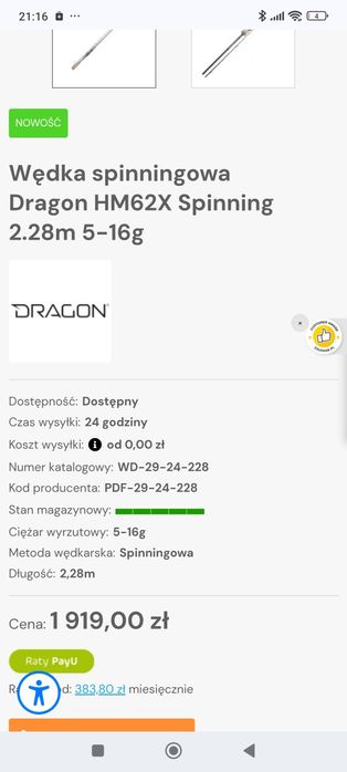 Wędka  spinningowa Dragon HM62X hand made.