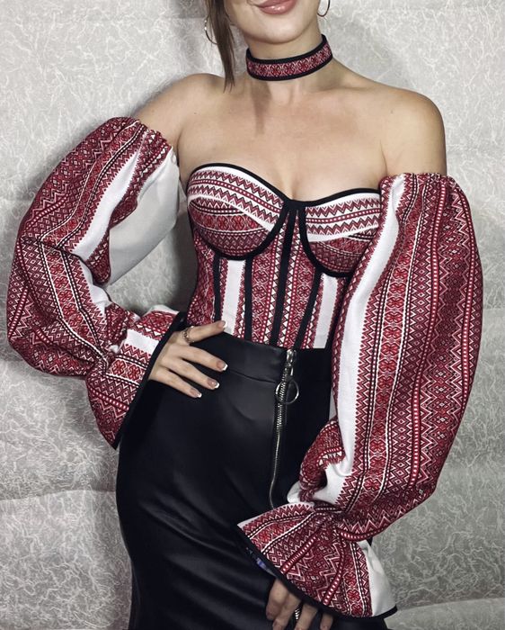 Корсет вишиванка, етнокорсет, корсетний топ з рукавами та чокером