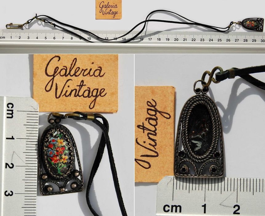 Stary wisior filigran, mosiądz, malowany, kwiaty, vintage