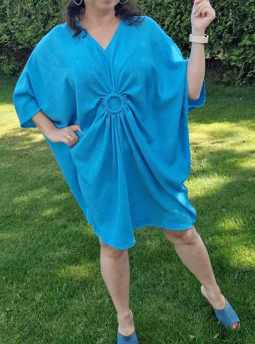 NOWA niebieska sukienka oversize tunika poncho plus size100% wiskoza