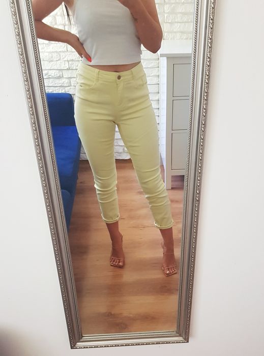 Spodnie rurki żółte cytrynowe obcisłe wysoki stan kieszenie M 38