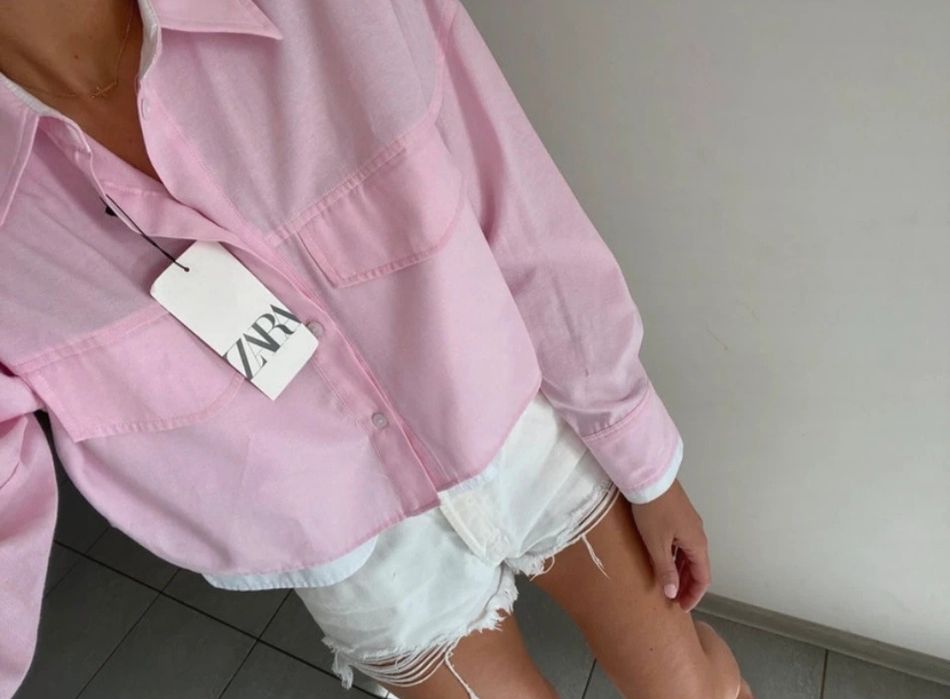 Koszula Zara wstawki białe różowa L