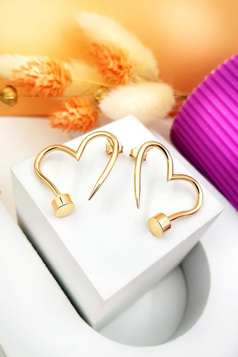 Złote duże kolczyki gwóźdź w kształcie serca pr. 585