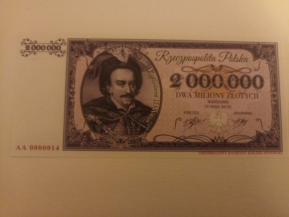 Banknot 2 miliony złotych Jan Kazimierz II Waza