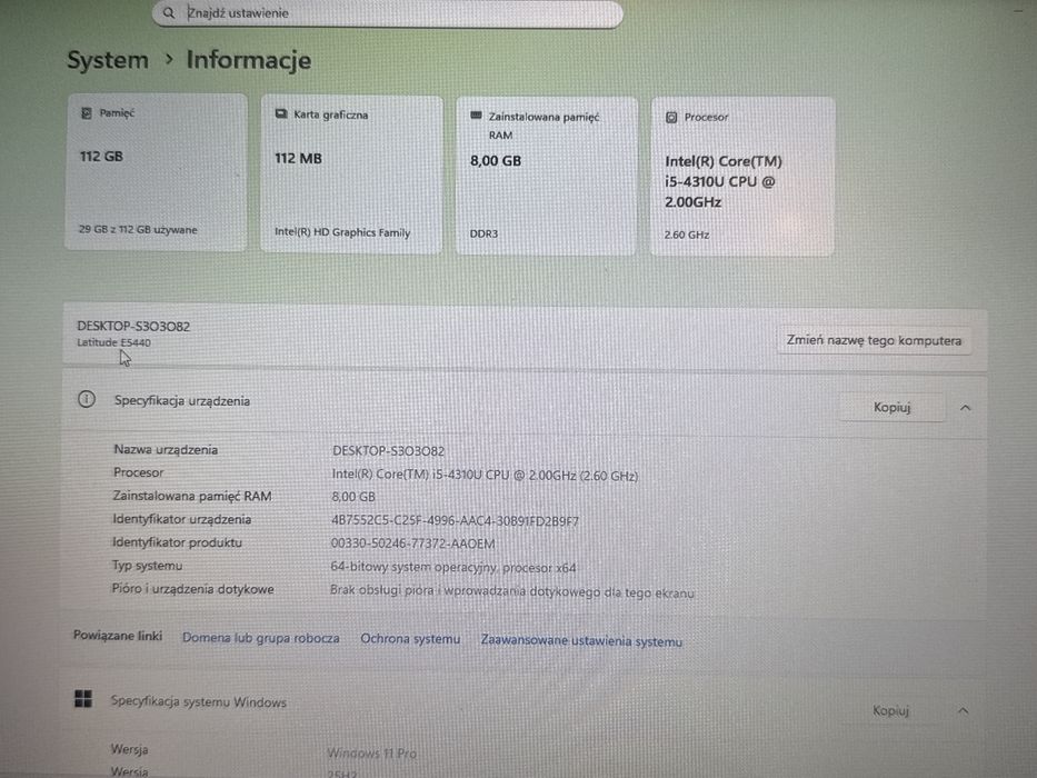 Notebook Dell Latitude E5440 i5, 120GB SSD 8GB, Windows 11. Np na tester diagnostyczny do samochodow