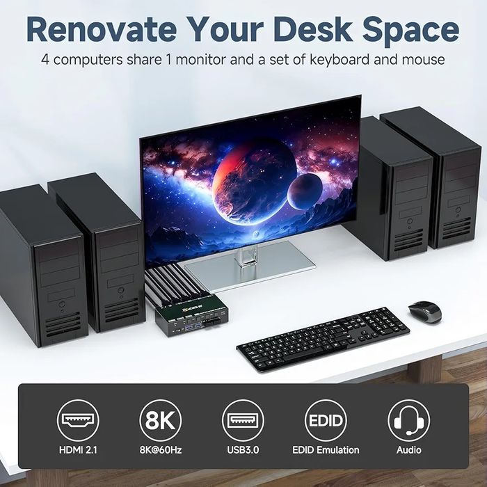 Przełącznik KVM USB 3.0 HDMI 4 porty 8K przy 60 Hz, Kceve 4 PC
