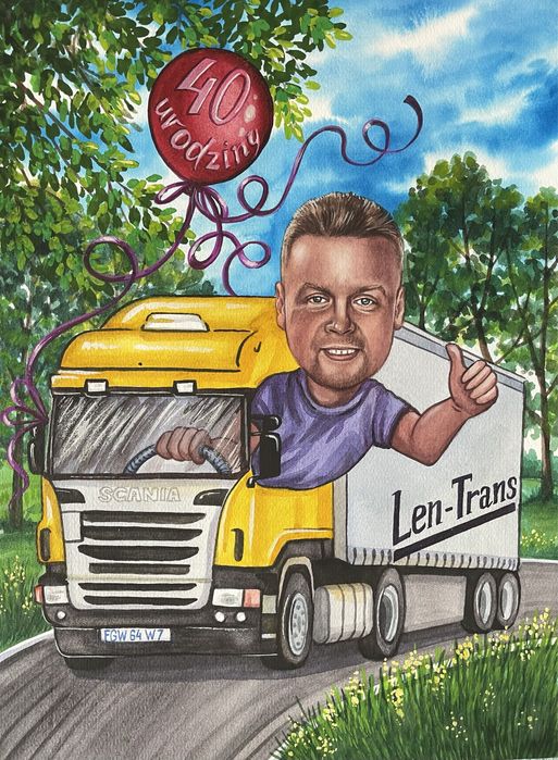 Karykatura ze zdjęcia. Obraz olejny na plótnie.Portret.