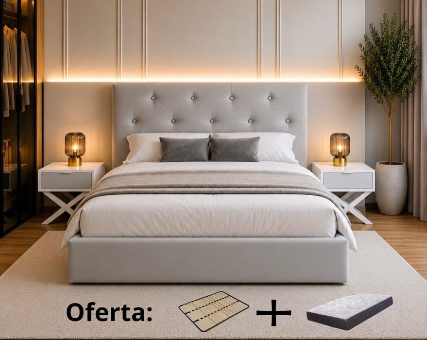 Cama estofada com estrado e colchão