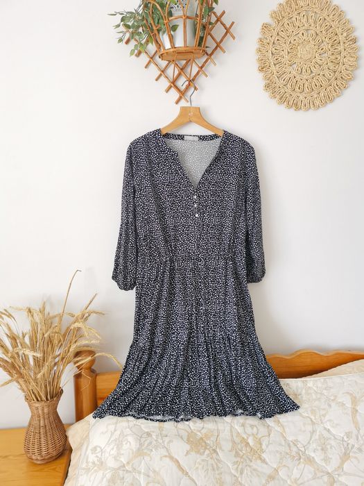 Granatowa w kropki groszki sukienka midi, XL 42 wiskoza