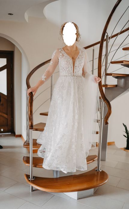 Suknia ślubna w literę A, wzrost 175 cm, koronkowa, biała, wyprana