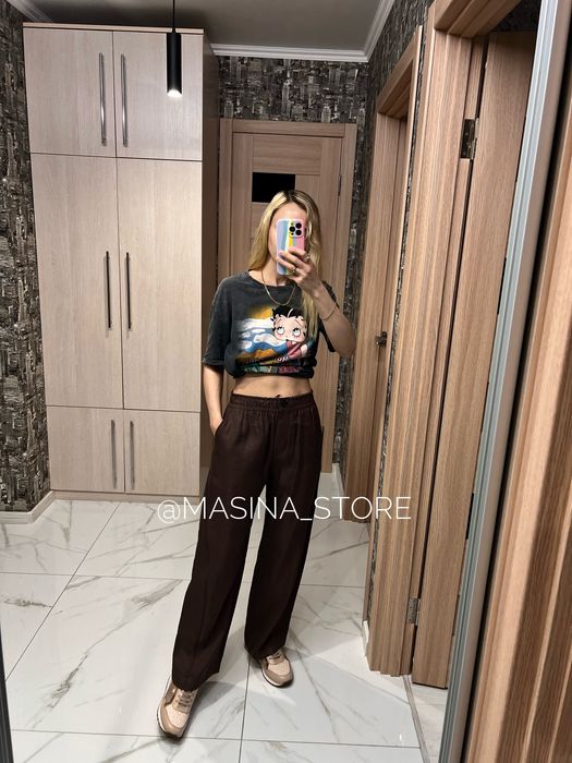 Нові брюки штани Zara S широкі льон коричневі оригінал Зара шоколадні