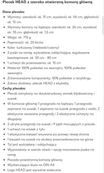 Plecak  Head Uni jak nowy polecam !