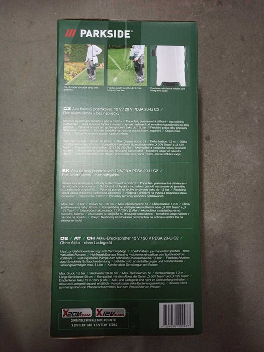 Parkside akumulatorowy spryskiwacz ciśnieniowy, 12/20 V, PDSA 20-Li C2