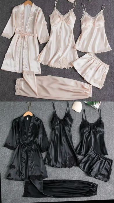 Комплект пижамы шелковый атласный 5в1 шорты штаны халат пеньюар майка