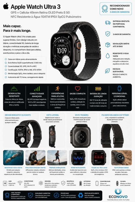 EN Apple Watch Ultra 3 GPS + Cellular 49mm Retina OLED Preto S 5G NFC Resistente à Água
