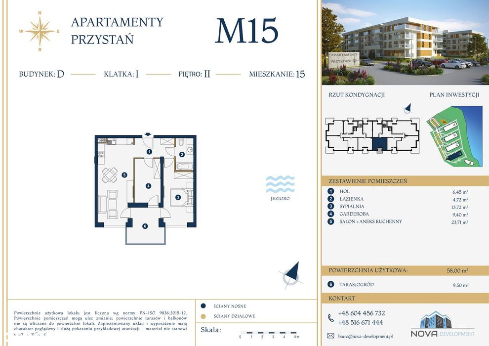 Apartamenty Przystań Olecko, 58 m², Sypialnia, Salon, Garderoba, Taras