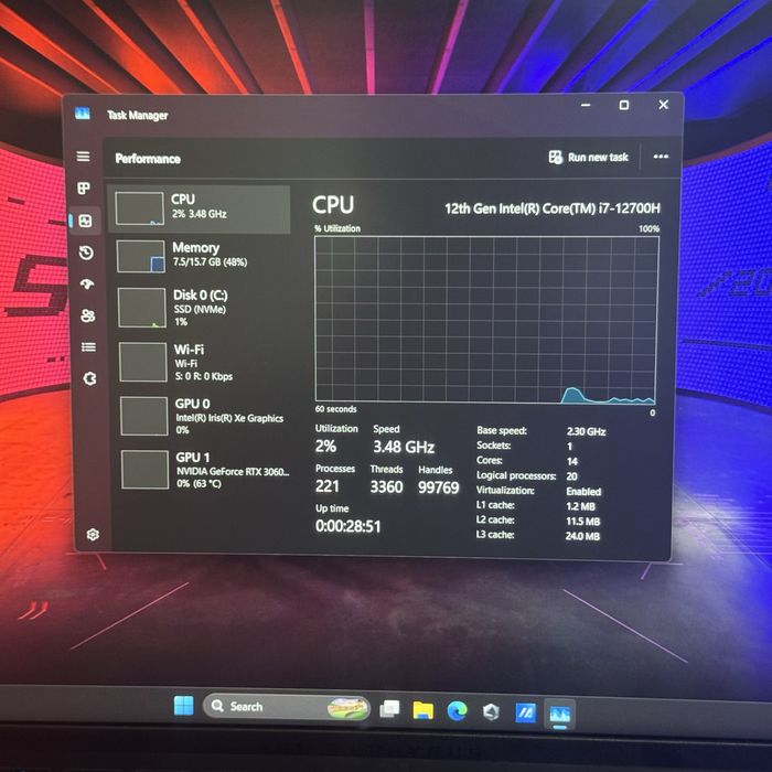 Ігровий ноутбук Asus Rog Zephyrus i7 12700, Rtx 3060, 16Gb Ddr5