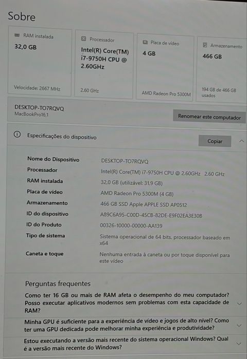 MacBook Pro 16" 2019 - i7 9750H / 32GB Ram / 512GB / Radeon Pro 5300M 4GB
