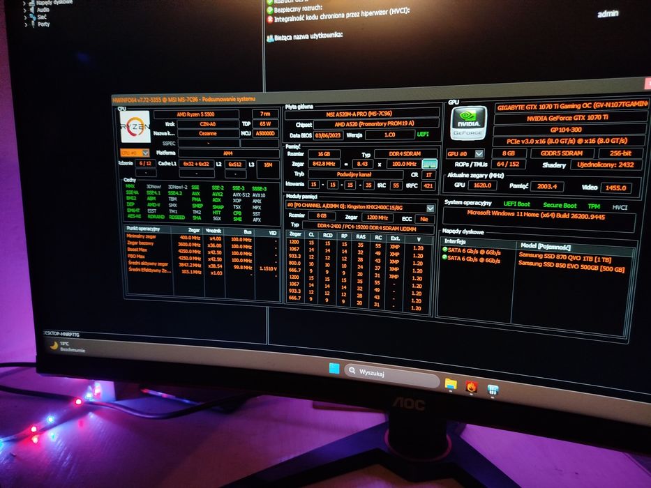 Ryzen 5 GTX 1070 TI 8Gb DDR4 16Gb SSD HDD gamingowy