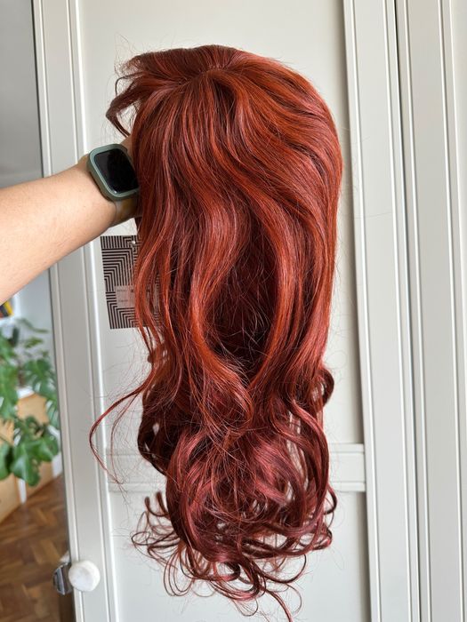 Peruka ruda burgundowa 100% włosy ludzkie wystylizowana fale prawdziwe