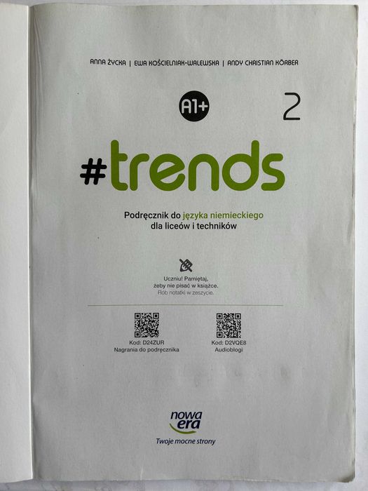 J. niemiecki, A1+, kl. 2, LO i technikum, podręcznik, Trends, Nowa Era 2021