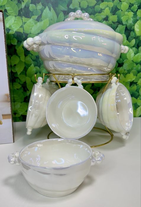 Zestaw obiadowy. Do zupy.waza i miseczki. Perłowy. Idealny na prezent