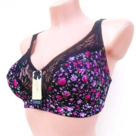 wygodny miękki biustonosz 95D  bez fiszbin  czarny w kwiatuszki