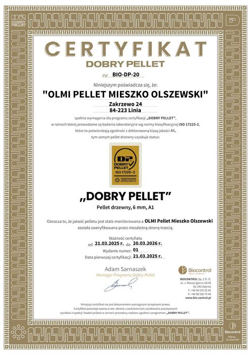 Pellet PRODUCENT "OLMI CZARNY"  Certyfikat "Dobry Pellet" - Pelet 6mm
