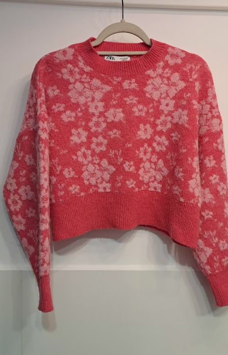 Sweter Zary różowy w kwiaty rozm. S oversize, 10% wool