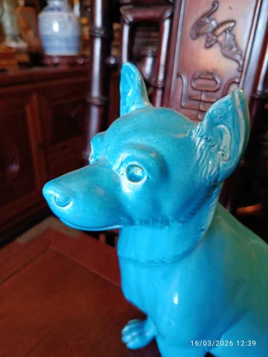 Cão Azul Turquesa Porcelana Chinesa Antiga 30 cm