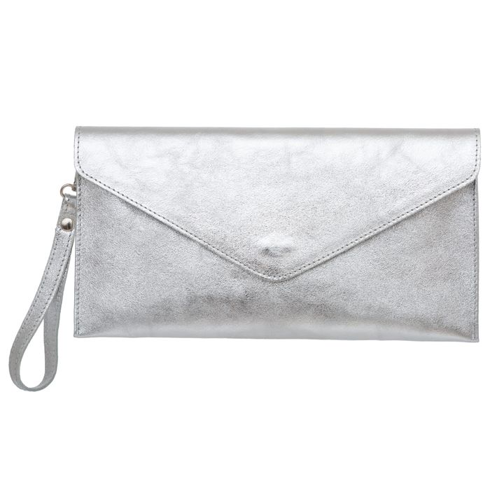 VERA PELLE torebka damska skórzana kopertówka z paskiem V646 srebrna