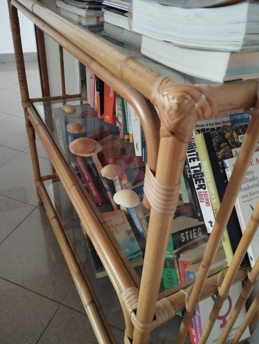 Estante de bambu e prateleiras de vidro