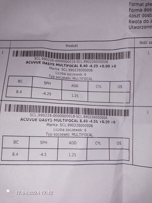 Soczewki acuvue -4.5 i -4.25