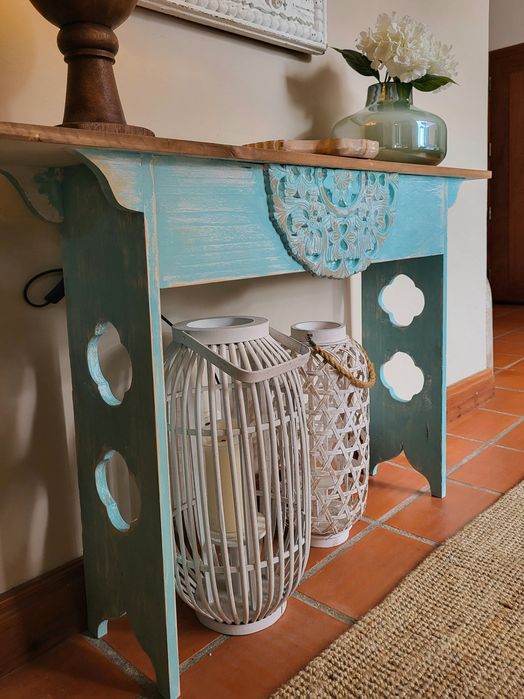 aparador, consola, mesa, azul, talha, decoração, rustico